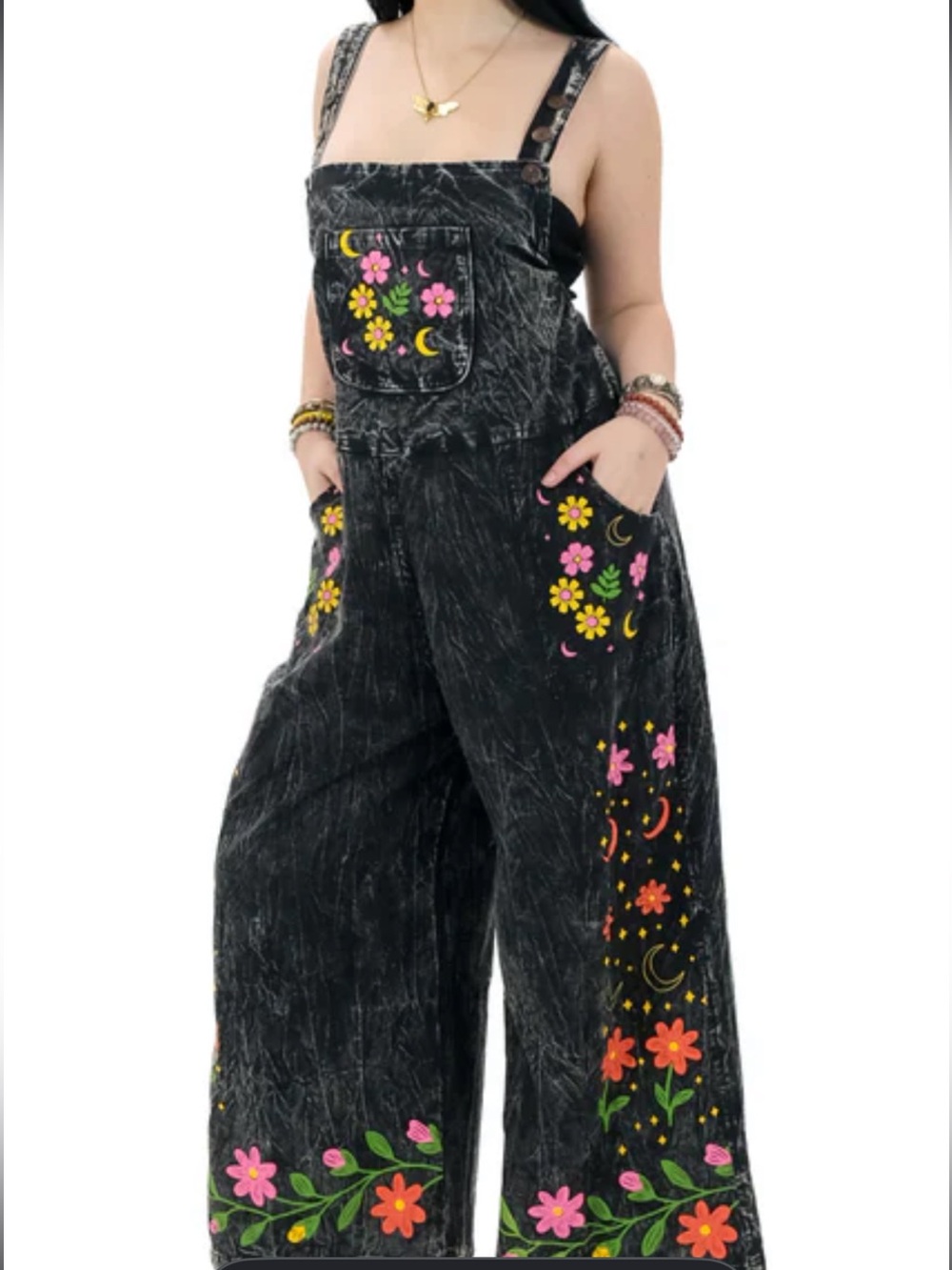 Karma Nepal Crafts Stonewashed Cotton Celestial Boho Wide Leg Jumpsuit Size F/S